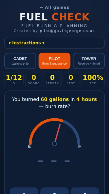 Fuel Check fuel-burn game with animated fuel gauge